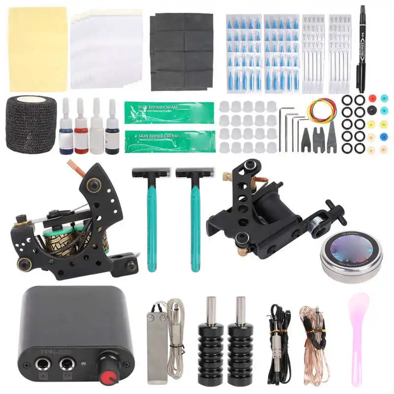 

2 Tattoo Coil Machine Set 90‑265V Adjustable 0‑18V Complete Tattoo Machine Coils Kit Liner Shader Light Weight Rack for