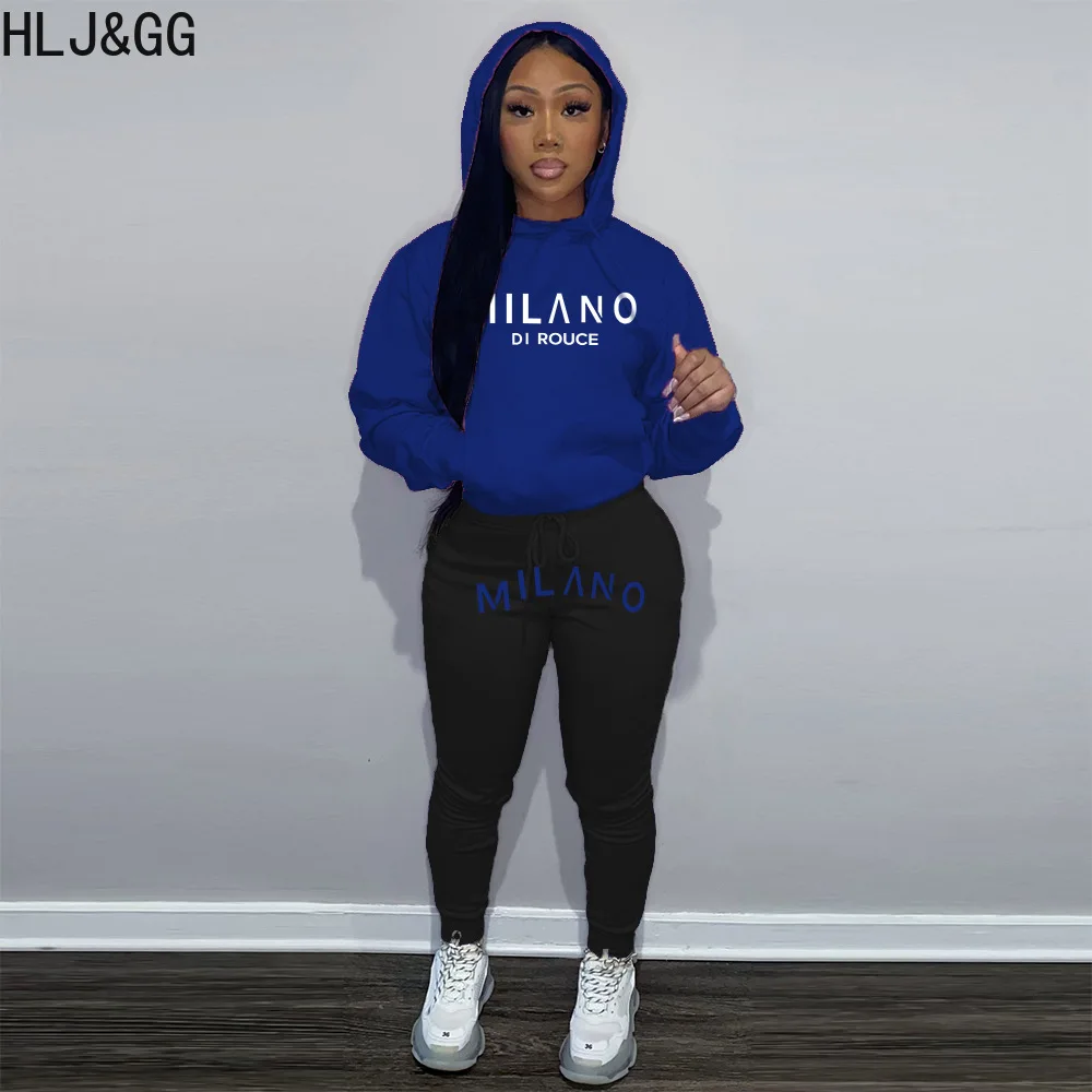 HLJ&GG Autumn Winter Hooded Tracksuits Women Letter Print Long Sleeve Sweatshirts And Jogger Pants Two Piece Sets Outfits 2023