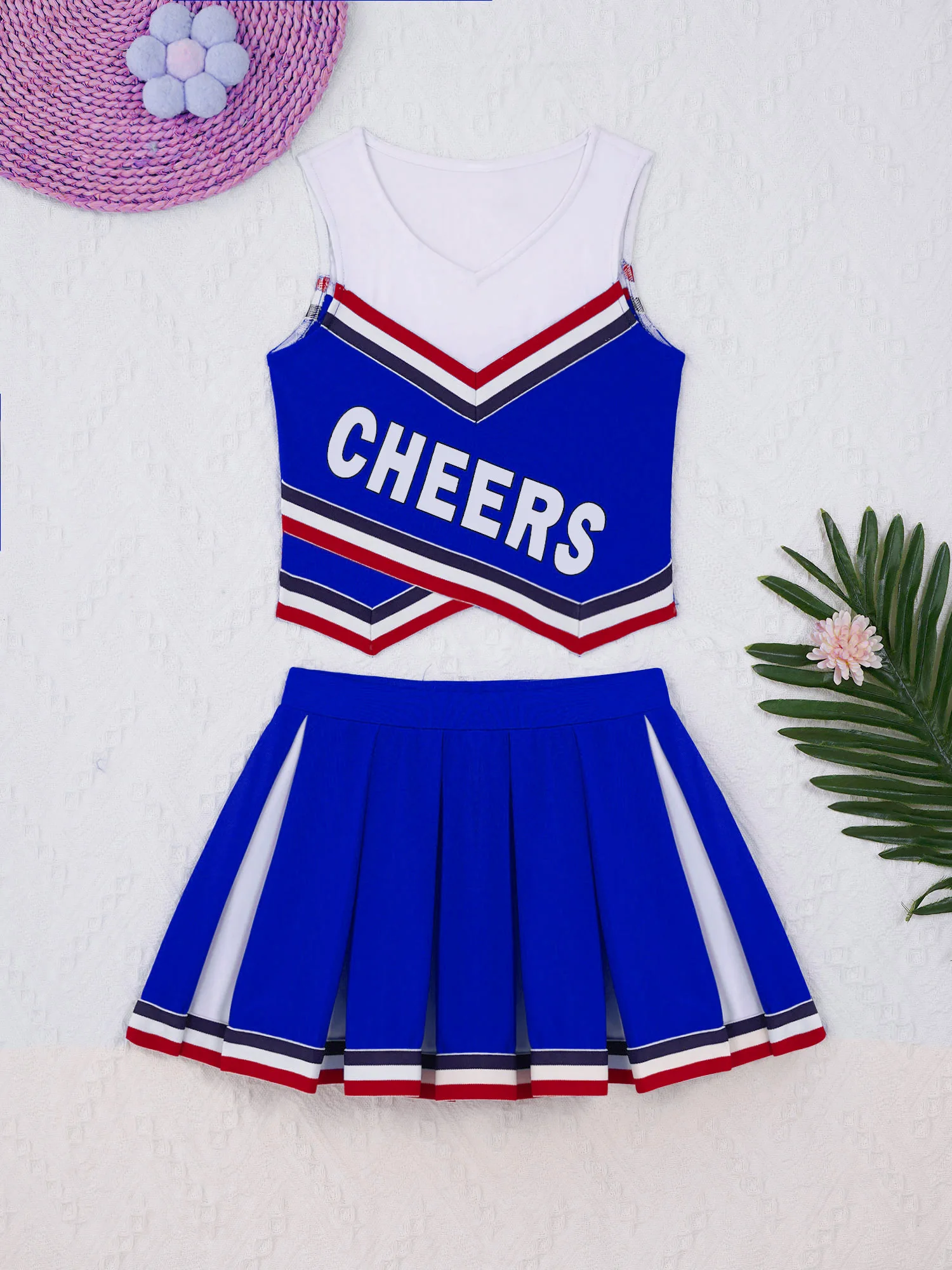 Kids Girls Cheerleading Uniform Dance Costume V Neck Printed Vest with Pleated Skirt and 1 Pair Tassel Flower Balls Outfit Set children cheerleading costumes