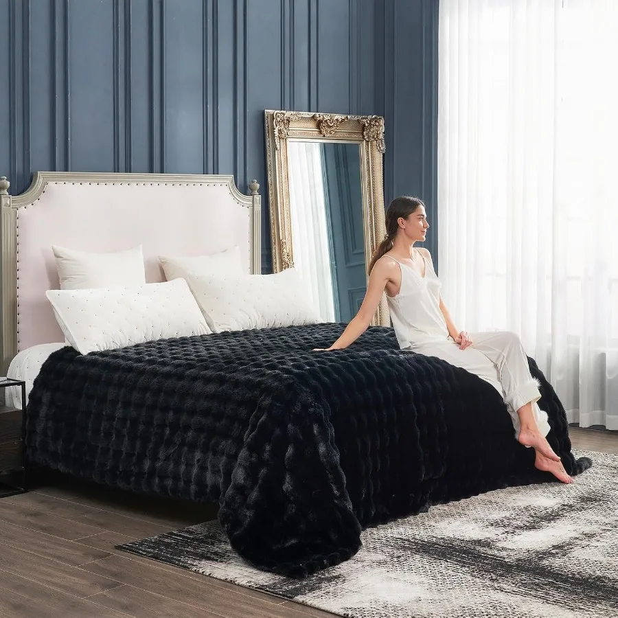 Faux Fur Throw Blanket for Couch Fuzzy Soft Plush Thick Bubble Blanket for Sofa Bedroom Living Room 90 90 Inches Black Ideal fo