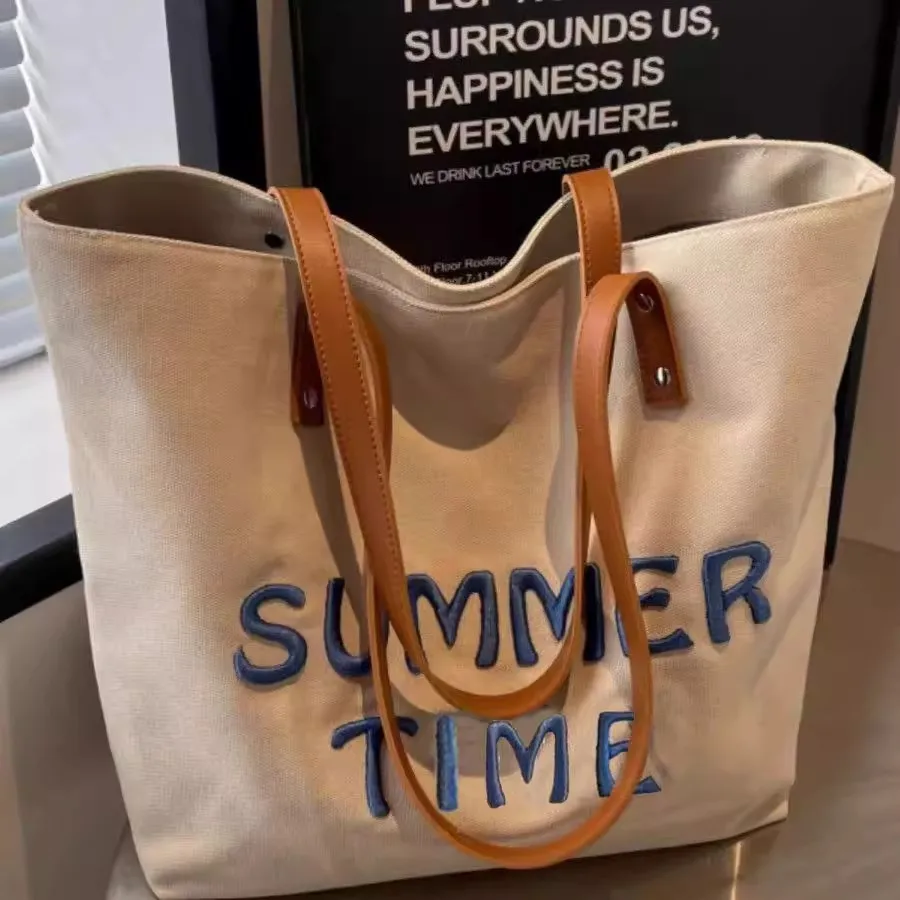 3 Stück/Set Bestickte Buchstaben-Leinwand-Tragetasche für Frauen Große Kapazität Pendler-Schultertasche Vielseitige Büchertasche – Detail 3