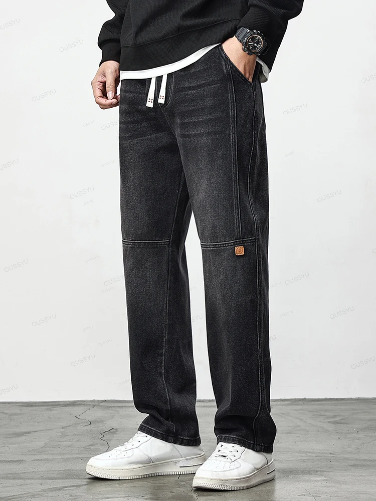 Autumn Winter Retro Blue Jeans Men Cotton Straight Pants Elastic Waist Thick Casual Trousers Male Large Size 4XL Brand Clothing 4