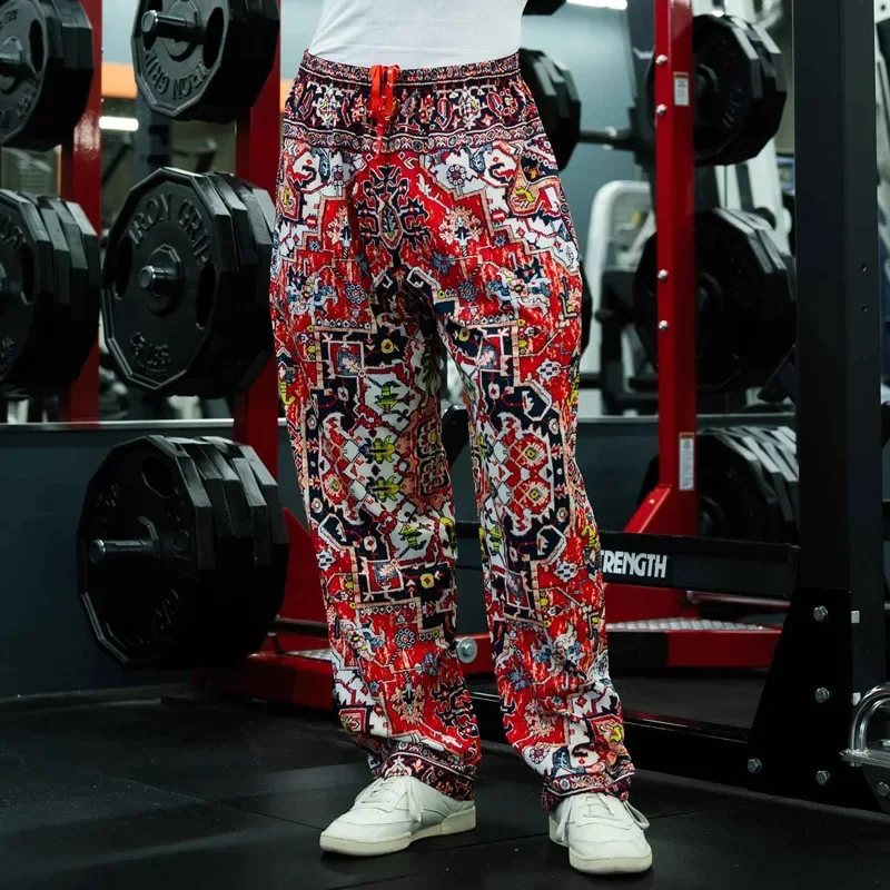 Loose Men's Fitness Sports Pants Breathable Quick Dry Summer American Retro Printed Casual Loose Fit Running Trousers