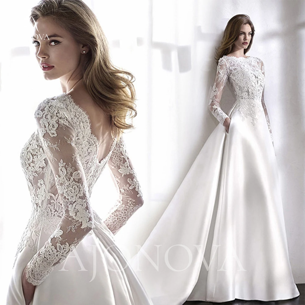 

White Satin Wedding Dresses Women's Luxury Party Dress Scoop Neck Plus Size Wedding Dresses for Bride 2024 Long Sleeve Woman New