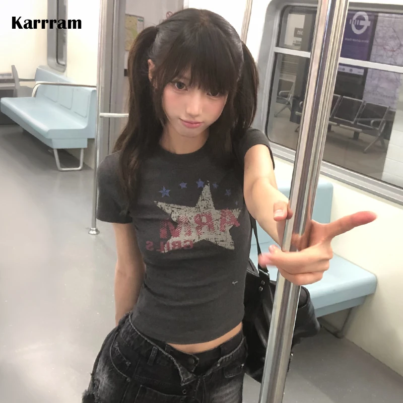 Karrram Japanisches Y2k-T-Shirt mit Buchstaben-Print, Trashy 2000s-Stil, graue Oberteile, Vintage Harajuku, kurzärmelig, Streetwear, amerikanischer Retro-Look