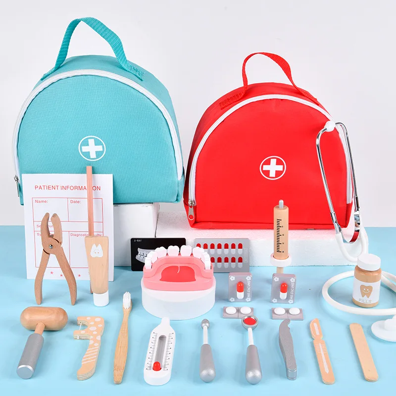 Pretend Play Doctor Toys Wooden Simulation Dentist Check Brush Teeth Medicine Set Role Playing Educational Toys For Children Kid 2