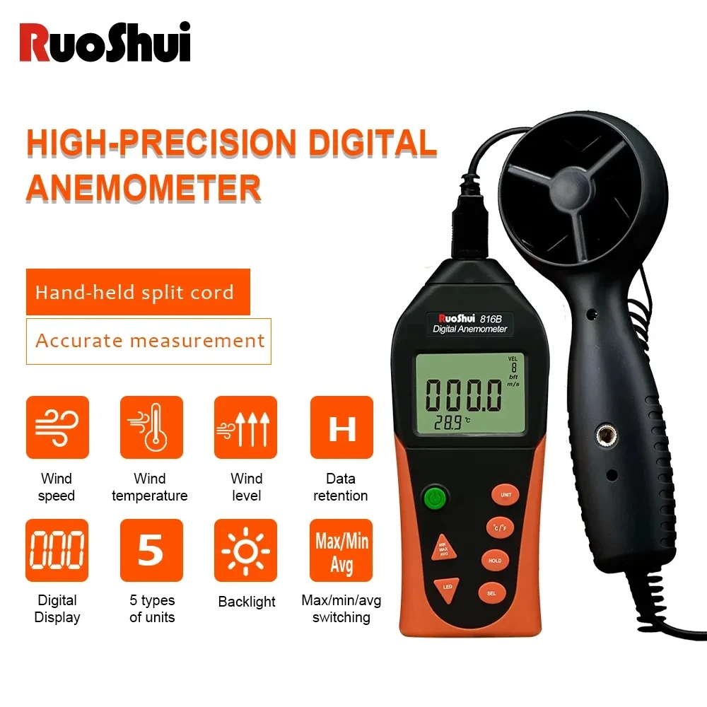 RuoShui 816B Anemometer Portable Digital Thermometer Wind Speed Meter Connection For The Vane Wild-chill LCD Temperature Tester