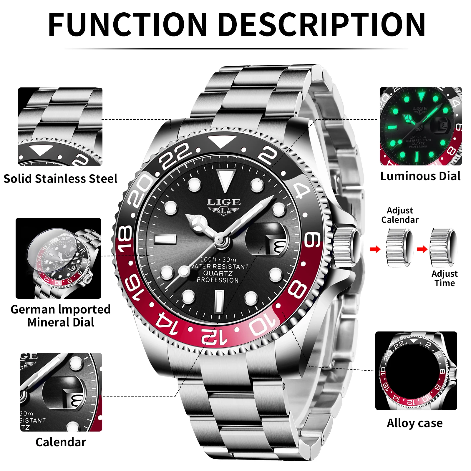Elegant LIGE Men's Luminous Stainless Steel Quartz Luxury Watch - Waterproof Business Timepiece