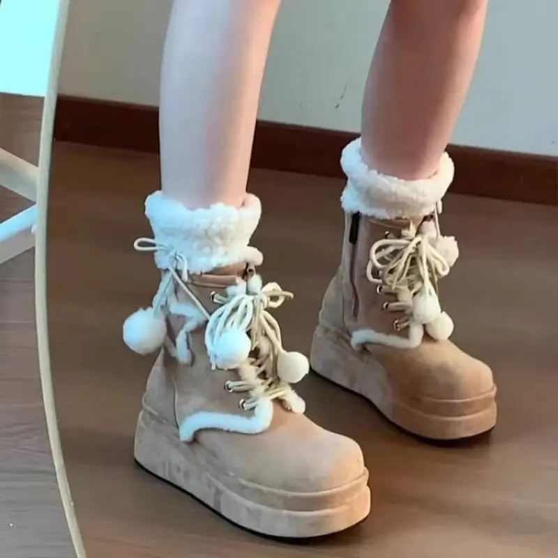 2024 NEW Snow Boots Women Winter Shoes Thick-Soled Mid-Calf Boots For Women British Retro Platform Boots Thick Furry Shoes 40