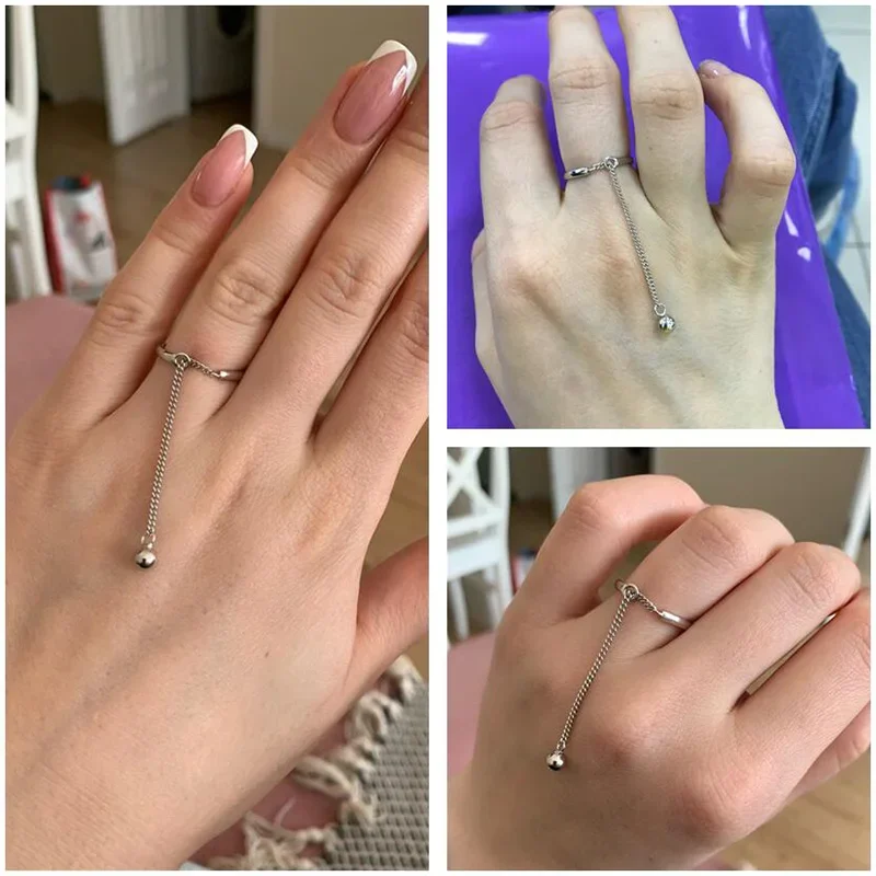 925 Sterling Silver Sweet Beads Chain Open Finger Ring for Women Sterling Silver Wedding Jewelry Gift