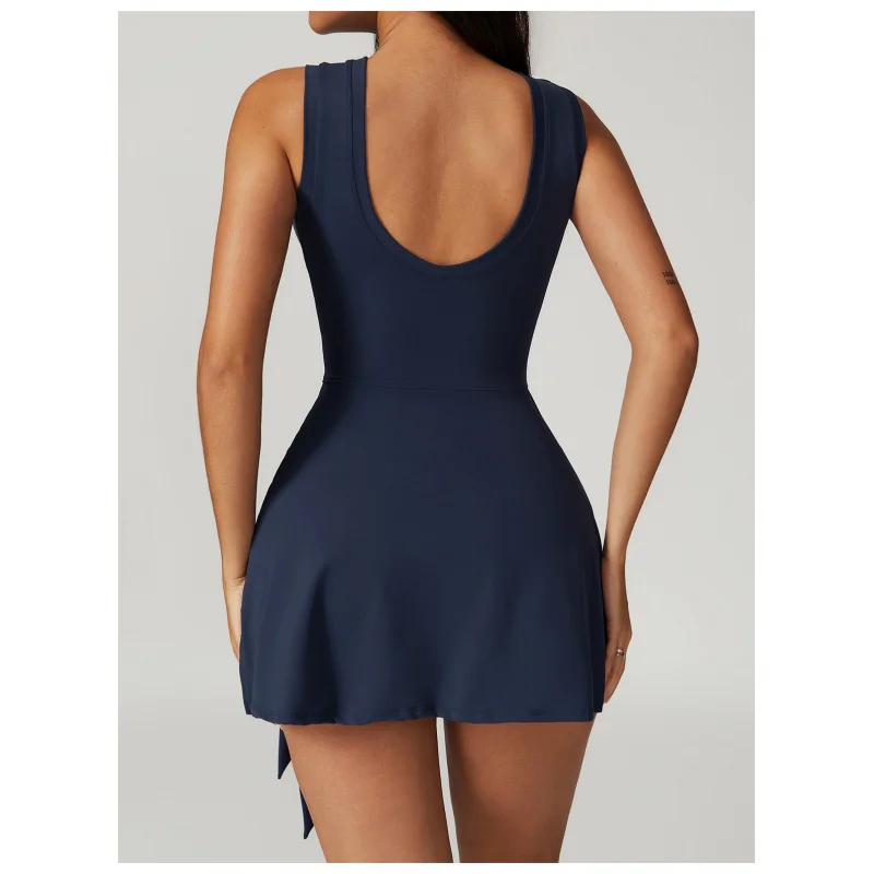 FUBEIKE Summer Tennis Dress Fake Two-Piece Anti-Exposure Tight Sports Skirts Slimming Lace up Beauty Back Yoga Gym Outfit