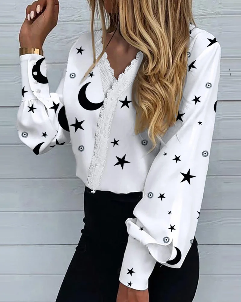 Women's Single Row Beads Cardigan Shirt 2023 Elegant V Neck Lace Edge Long Sleeve Blouse Female Comfortable Casual Commuter Tops