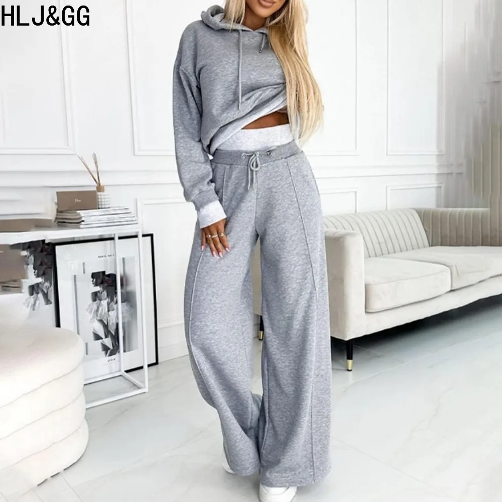 HLJ&GG Autumn Solid Wide Leg Pants Two Piece Sets Women Hooded Long Sleeve Top And Pants Tracksuits Casual Sporty 2pcs Outfits