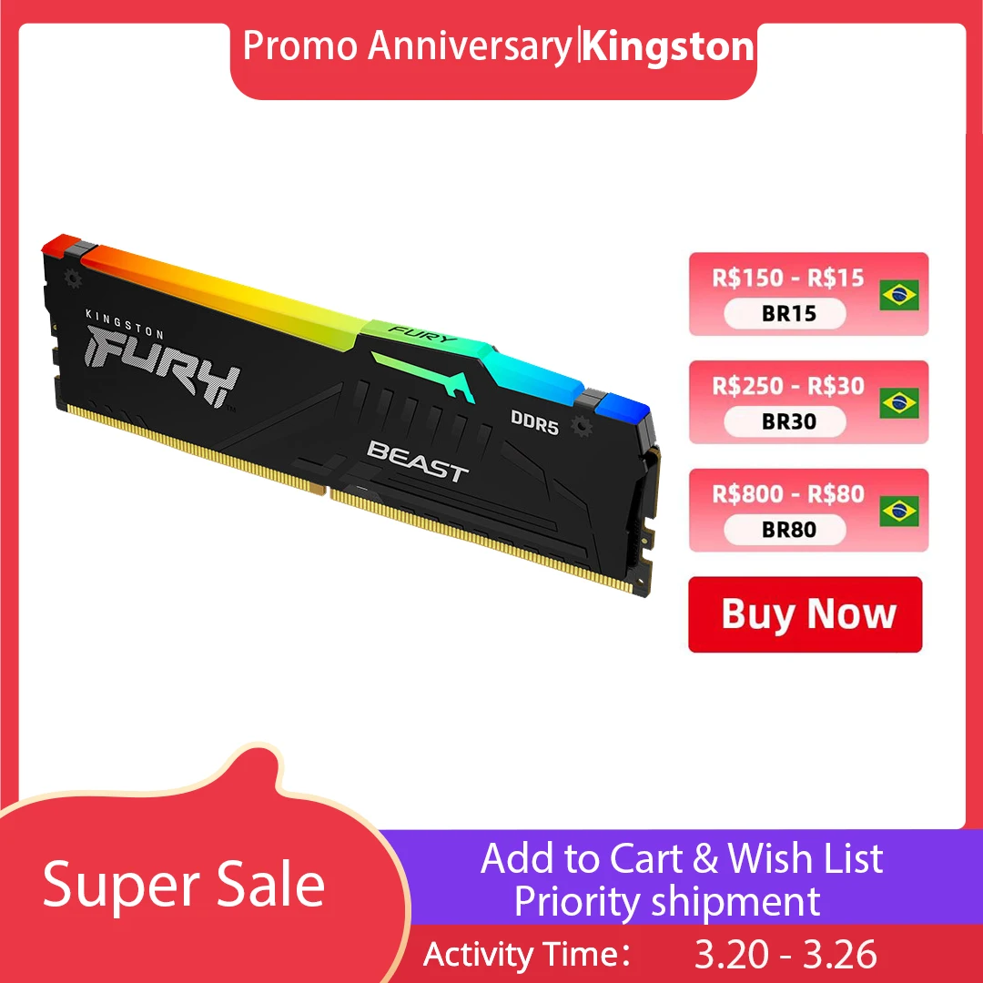 Kingston Fury Beast Ddr5 Rgb Ram 8Gb 16Gb 32Gb 5200Mhz 5600Mhz 6000Mhz Desktop Amd Intel Cpu Scheda Madre Memoria Ram 1.1V