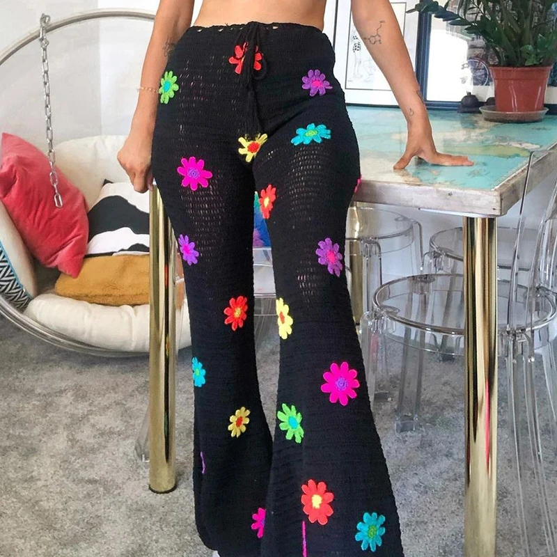 Flower Crochet Net Hollow Out Women Wide Leg Pants Summer Long Pants Boho Beach Casual Travel Fashion Comfy Drawstring Trousers