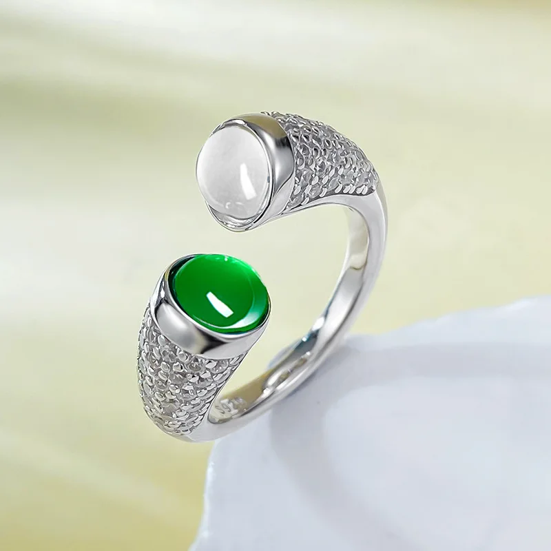 

Jewelry Live Streaming Hot Selling 925 Silver Plated Inlaid High Ice Green Chalcedony Personalized Round Egg Surface 6.0 Agate