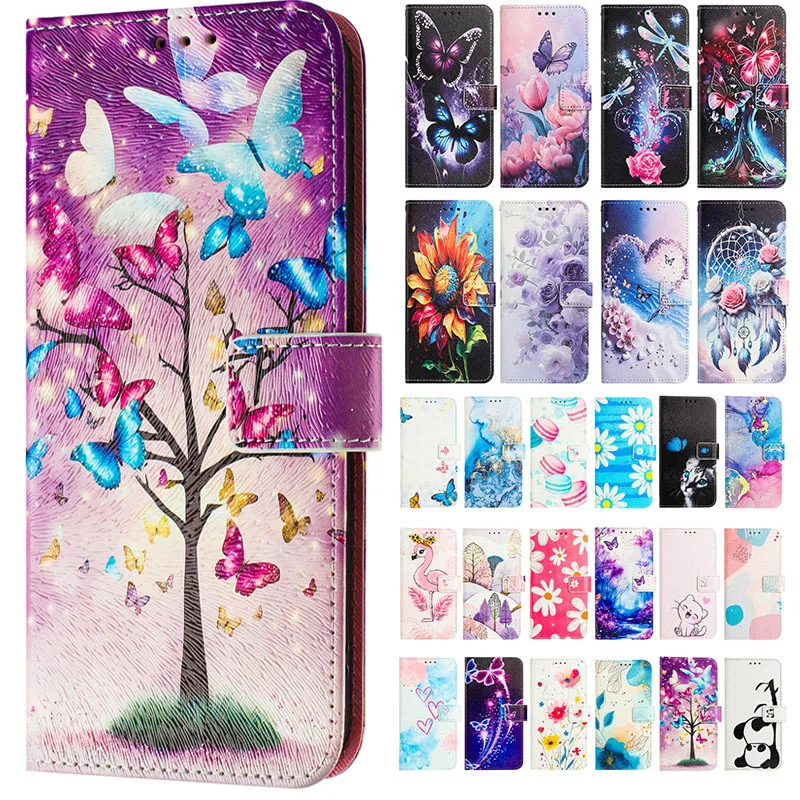 Flip Leather Case: Cute Cat & Flower Wallet Phone Cover with Card Stand