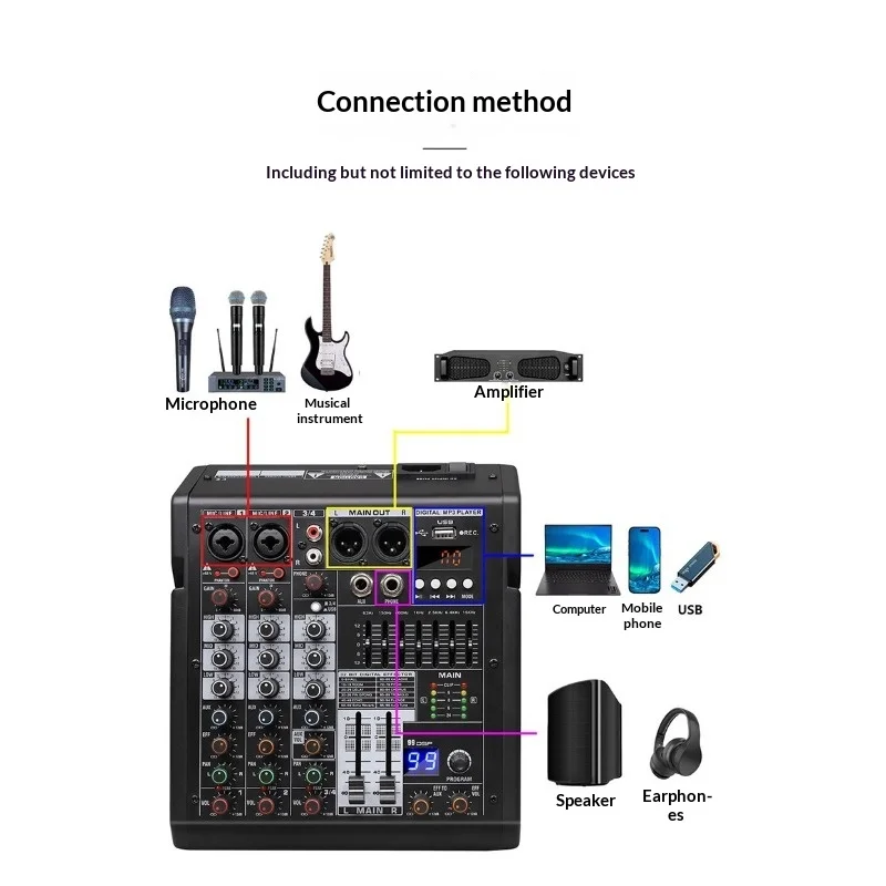 블루투스 지원 MP3 믹서 - 99개 DSP 효과, 7밴드 EQ, 48V 팬텀 파워, 라이브 스트리밍 및 무대 녹음을 위한 USB 사운드 카드