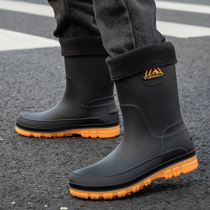 New Fashion Men Rain Boots Platform Waterproof Anti-skid Work Chef Shoes Fishing Shoes Outdoor Middle Tube Cycling Rubber