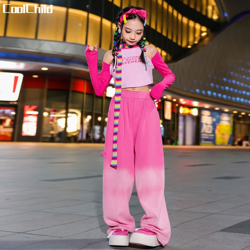 Girls Lovely Streetwear Children Hip Hop Crop Top Gradient Loose Pants Teen Clothes Sets Kids Street Dance Sweet Jazz Costumes