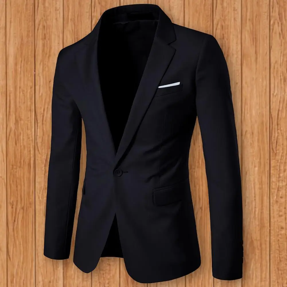 Description Picture 5 of itemMen Blazer Solid Color Lapel Single Button Long Sleeve Slim Fit Pockets Suit Coat Autumn Winter Casual Blazer Button Suit Jacket
