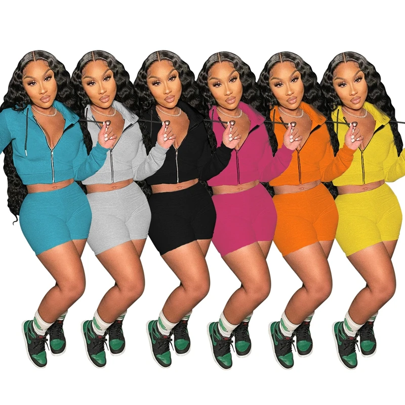 

Bulk Items Wholesale Lots Autumn Tracksuit Women Sportswear Zipper Hoodie top and Biker Shorts Set Casual Women Sweat Suit Set