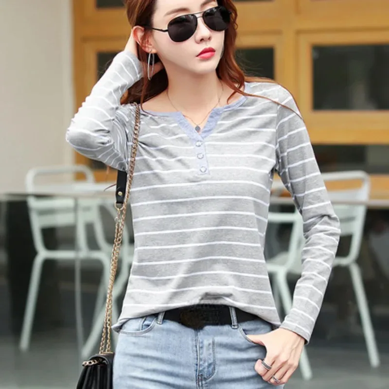 Spring and Autumn New Crew Neck Button Semi-Open Women's Long Sleeve T-Shirt Fashionable Slim Striped Casual Women's Shirt
