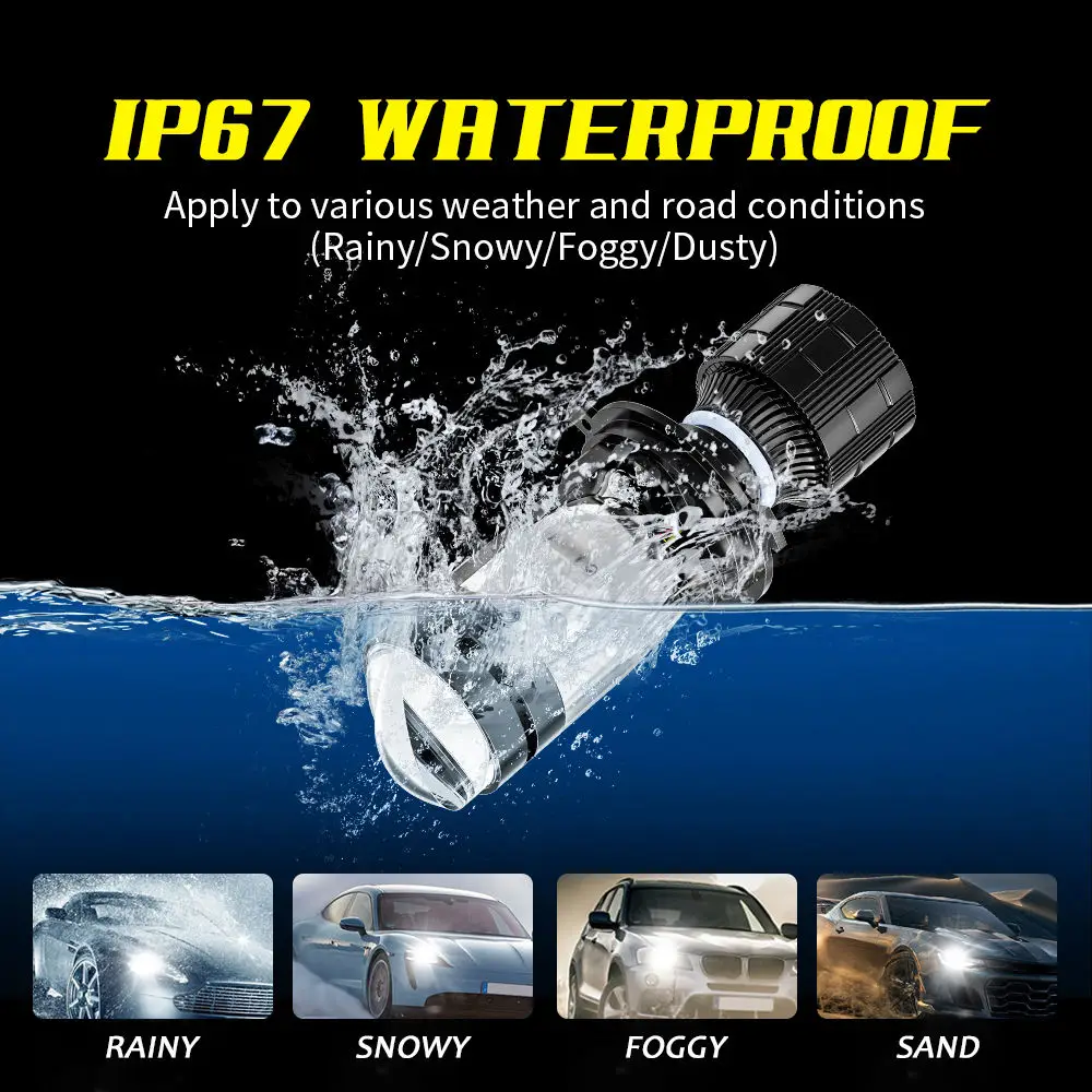 Bi LED 렌즈 프로젝터 헤드라이트, 미니 듀얼 프로젝터, 자동 전구, 하이 로우 빔, 자동차 오토바이 램프, 12V, 6000K, H4, 24000LM