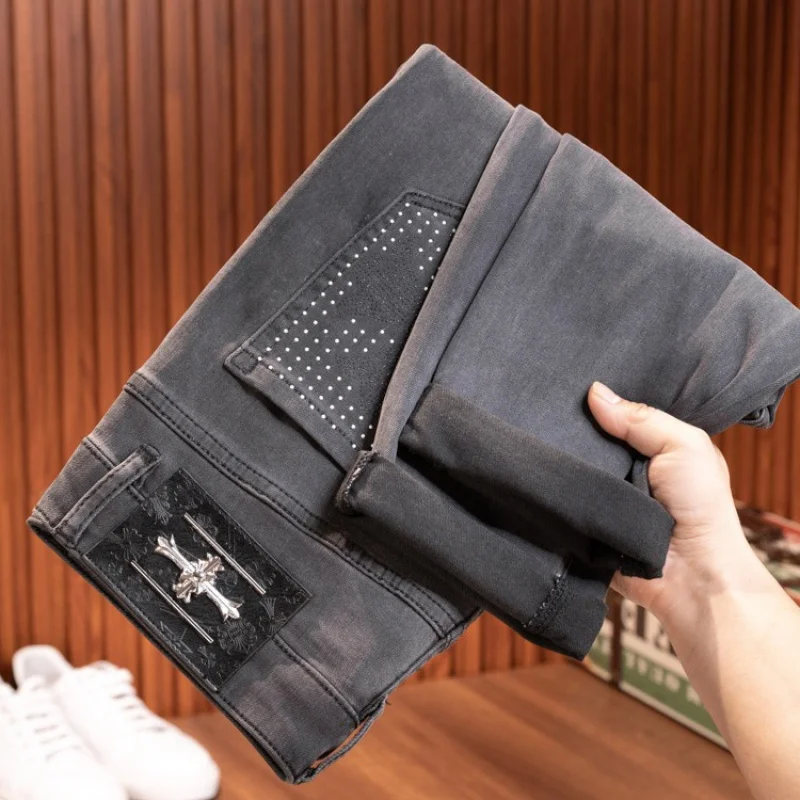 2024 New High-End Printed Jeans Men's Casual Street Trend Fashion Stretch Slim-Fitting Small Straight Pants