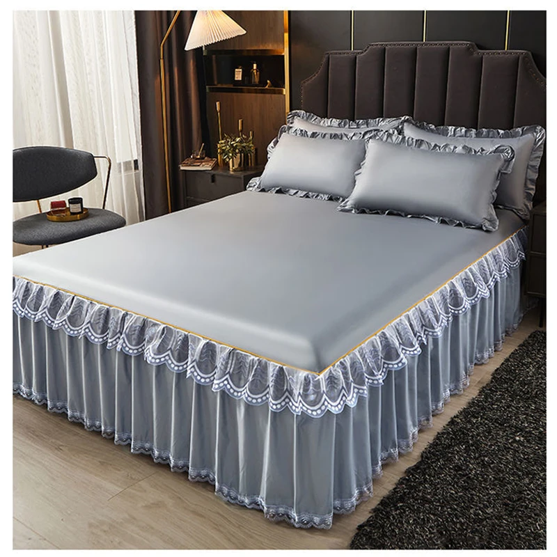 

Elegant Style Lace Bed Spread Solid Colour Bed Skirt Type Polyester Cotton King Queen Size Bed Sheet Set with Pillowcases
