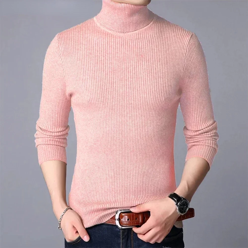 High Quality Men's Autumn and Winter High Neck Knit Shirt Slim Fit Long Sleeve Sweater Solid Color Pullover Tops 3