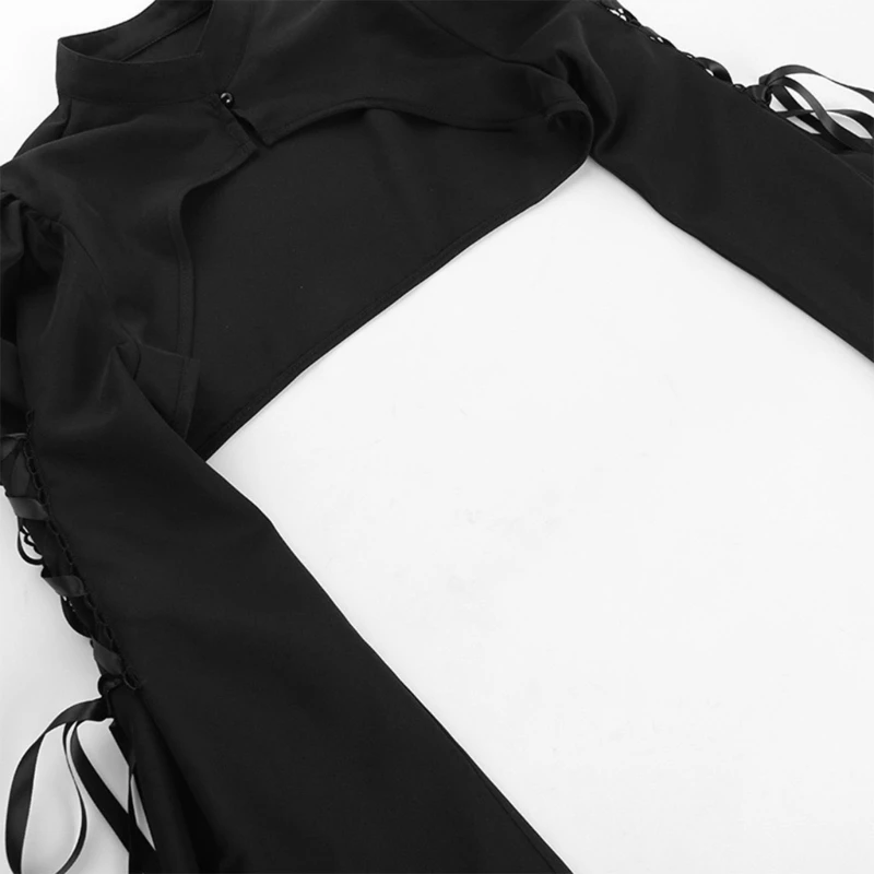 Womens Gothic Punk Flared Sleeve Crop Top Party Vintage Cosplay Outfit Lace-Up Shrug Mock Neck Cover Up Top Cardigan
