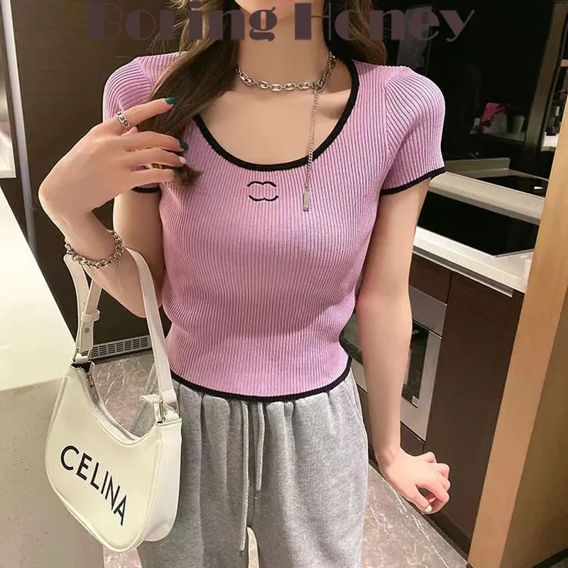 

Boring Honey Women Knitting Top Assorted Colors Low Neck Exposed Clavicle T-Shirt Thin Crop Top Short All-Match Cute Tops