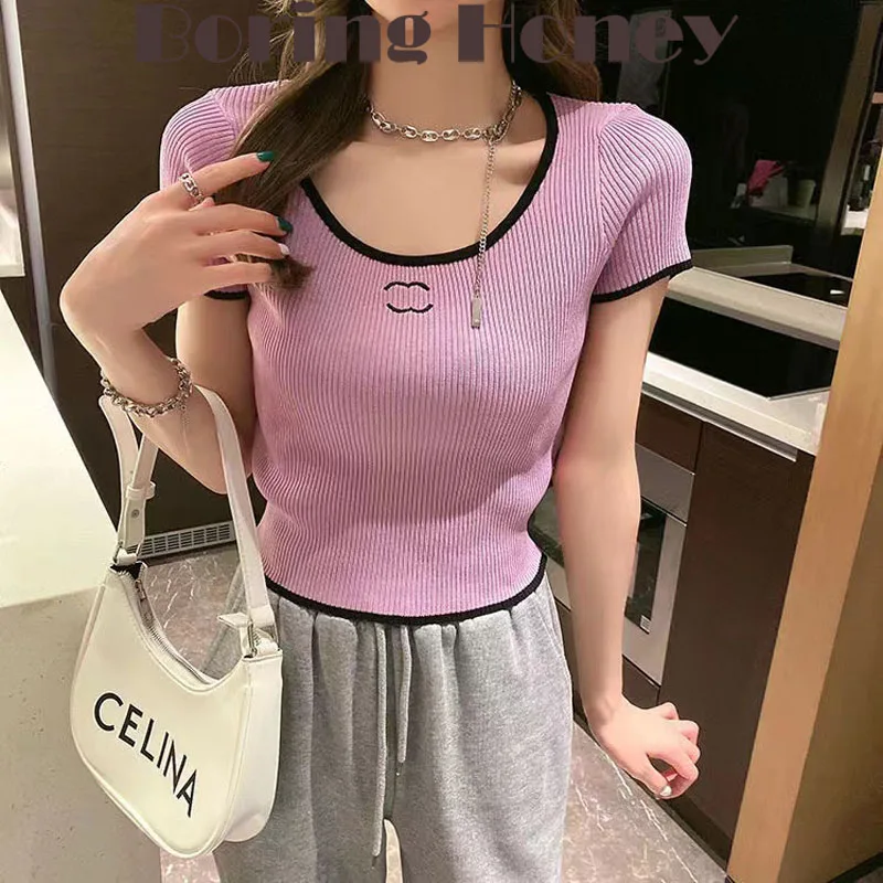 Pearl Diary Summer Assorted Colors Low Neck Exposed Clavicle T-Shirt  Fashion Cute Thin Crop Top Short All-Match Knitting Top Wo - AliExpress