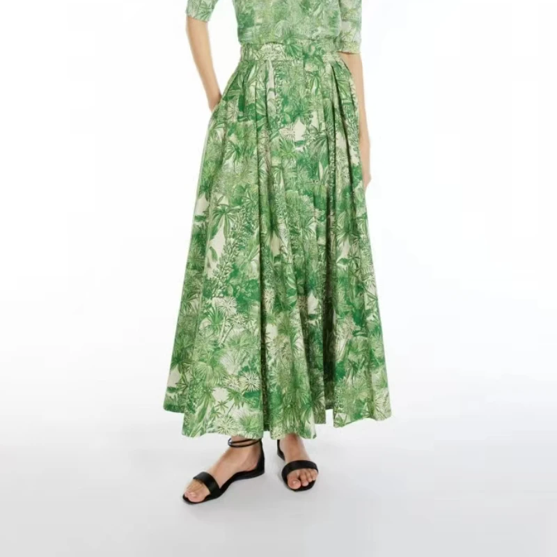 

2023 Summer New Women Cotton Poplin Casual Green Printed Side Slit Skirt