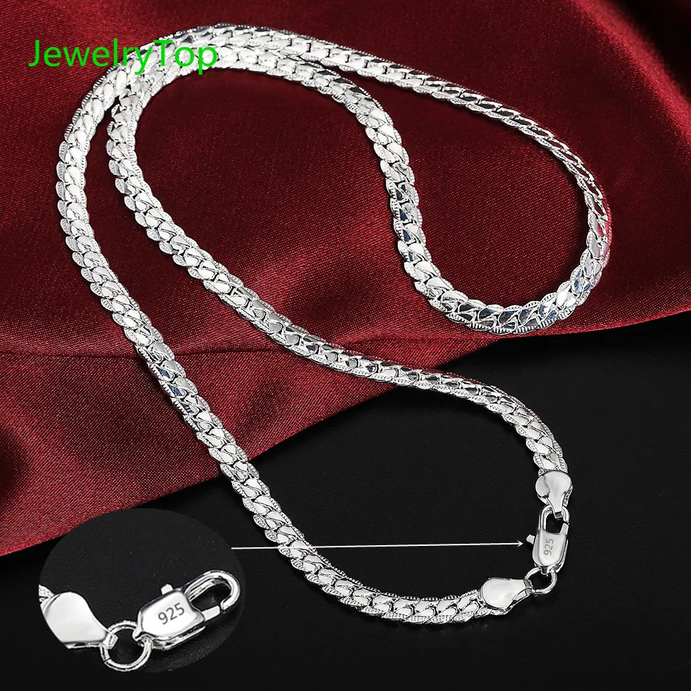 

JewelryTop 925 Stamped Silver 6mm Fine Sideways Necklace 50-60cm Chain For Woman Men Fashion Wedding Engagement Jewelry