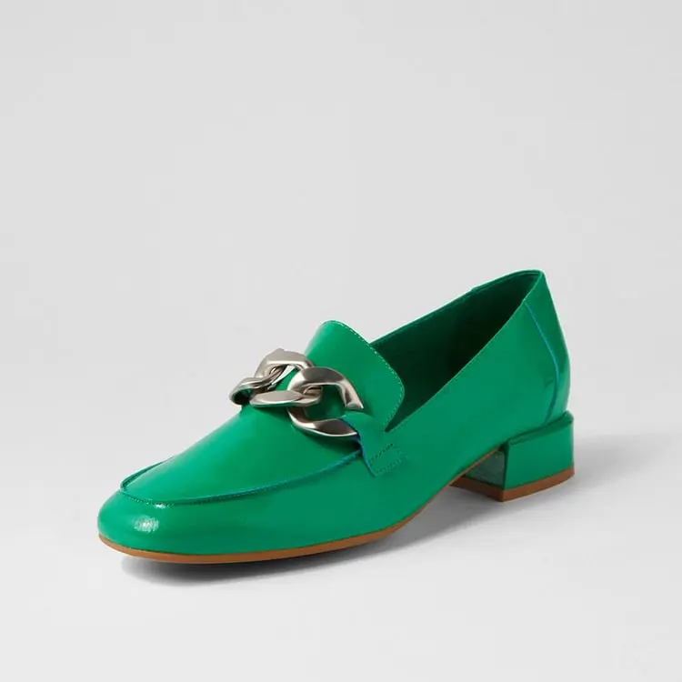 

Green Patent Leather Metal Chain Women's Loafers with Block Heel