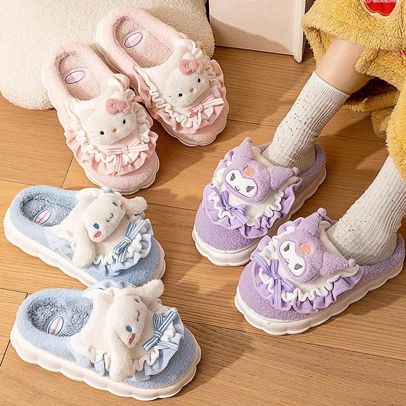 Kawaii Sanrio Hello Kitty Fuzzy Slipper Cinnamoroll Kuromi My Melody Women Winter Plush Non Slip Slippers Cute Home Flat Shoes