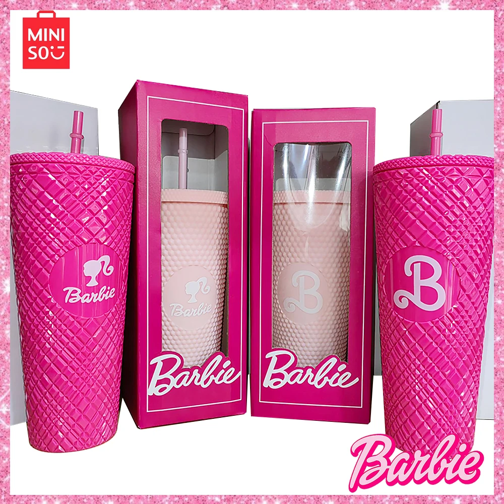 

2023 New Miniso Barbie Cup Powder 800Ml High Capacity Double Layer Checkered Plastic Accompanying Straw Water Cup Halloween Gift