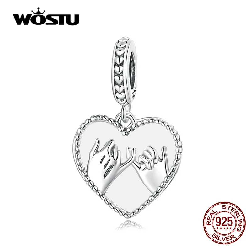 WOSTU Heart Finger Hook Charms Pendents Real 925 Sterling Silver Oath Pendent Fit Original DIY Bracelets Necklace Fine Jewelry