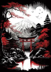 Japanese Mountain Temple Canvas Art - Vintage Red & Black Ink Landscape Wall Decor - 50x70cm No Frame (E)