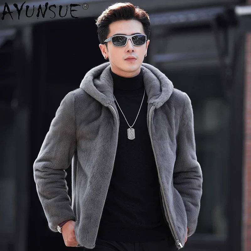 

AYUNSUE Natural Fur Coat Men Clothing Casual Real Fur Mink Jackets Man Hooded Winter Luxury Mink Fur Jacket Jaqueta Masculina