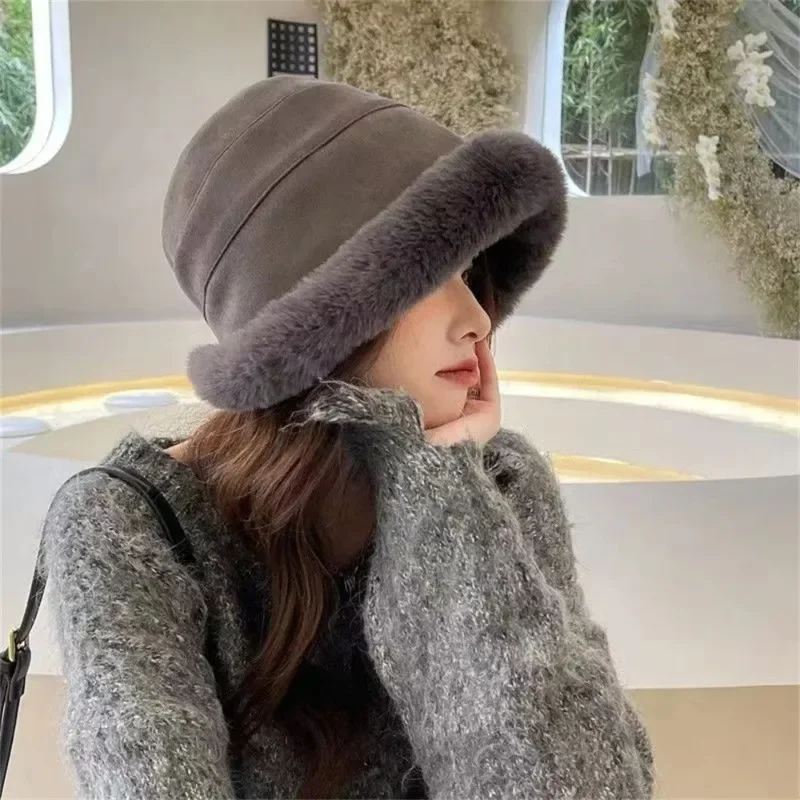 Women Winter Bucket Hat Faux Fur Warm Fisherman Cap Plus Velvet Soft Panama Hat Lady Outdoor Plush Sun Cap