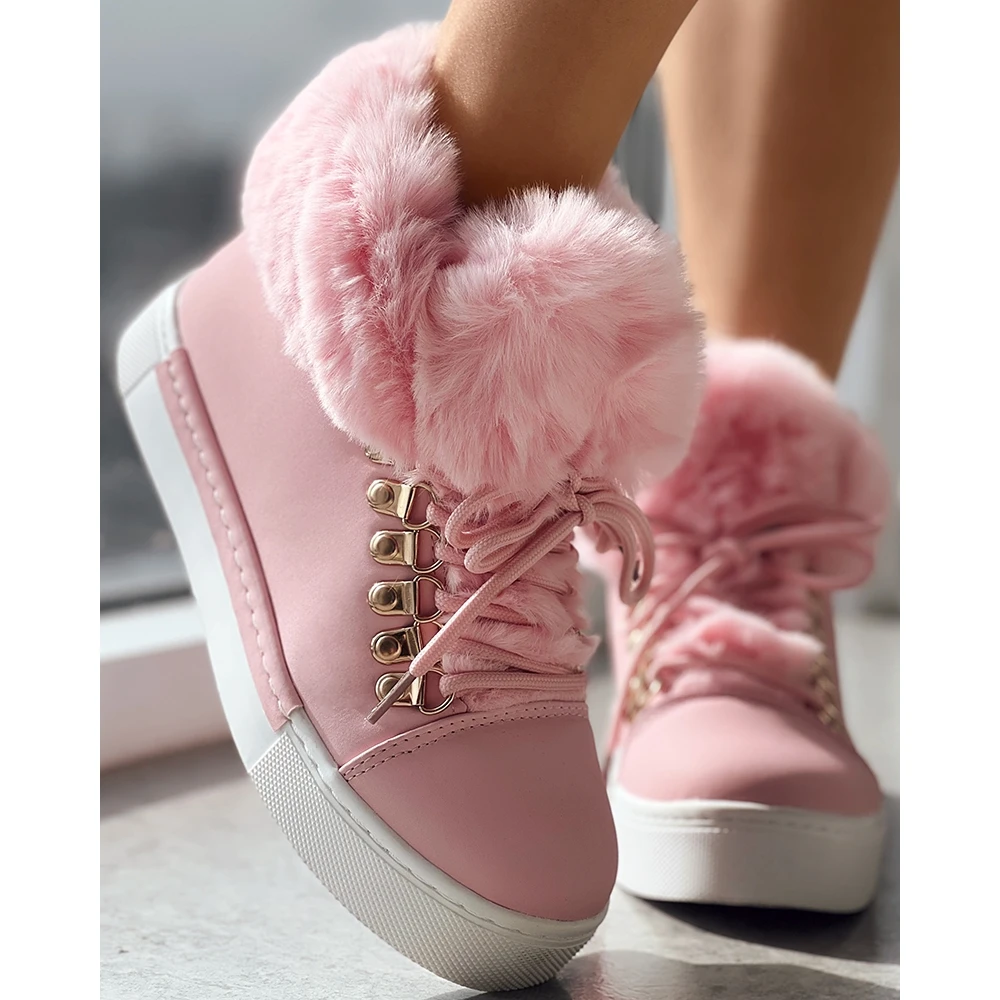 Christmas Winter Women Lace-up Fuzzy Lined Ankle Boots Casual Colorblock Round Toe Flat Ankle Snow Boots Daily Korean Style