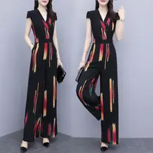 

Fashion Casual Jumpsuit Women 2022Summer New Elegant V-neck Print Romper High Waist Wide Leg Pants Ladies Long Playsuit Bodysuit