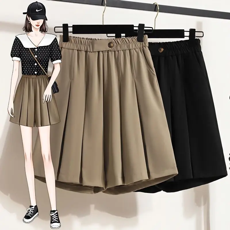 Summer New Korean Elastic High Waist Slim Wide Leg Shorts Women Solid Button Pockets Fashion Simple Loose Casual Shirring Shorts