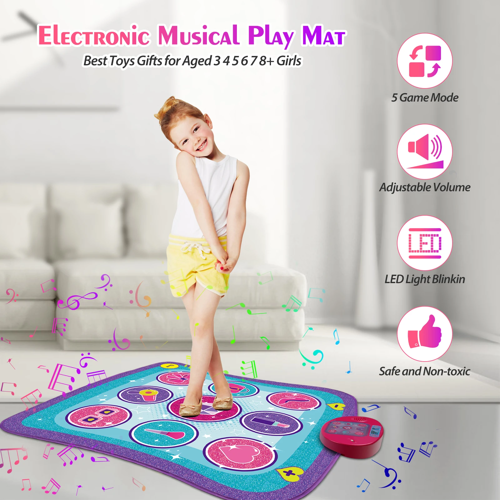 Dance Mat, Gifts Toys for Girls 3 4 5 6 7 8 Years Old, Frozen Theme Toys, Dance Pad with 7 Game Modes, 5 Challenge Levels