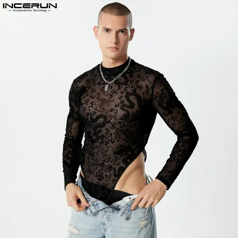 

INCERUN 2023 Sexy Homewear Bodysuits New Men Fashionable Jacquard Rompers Male Ethnic Totem Printing Long Sleeve Jumpsuits S-5XL