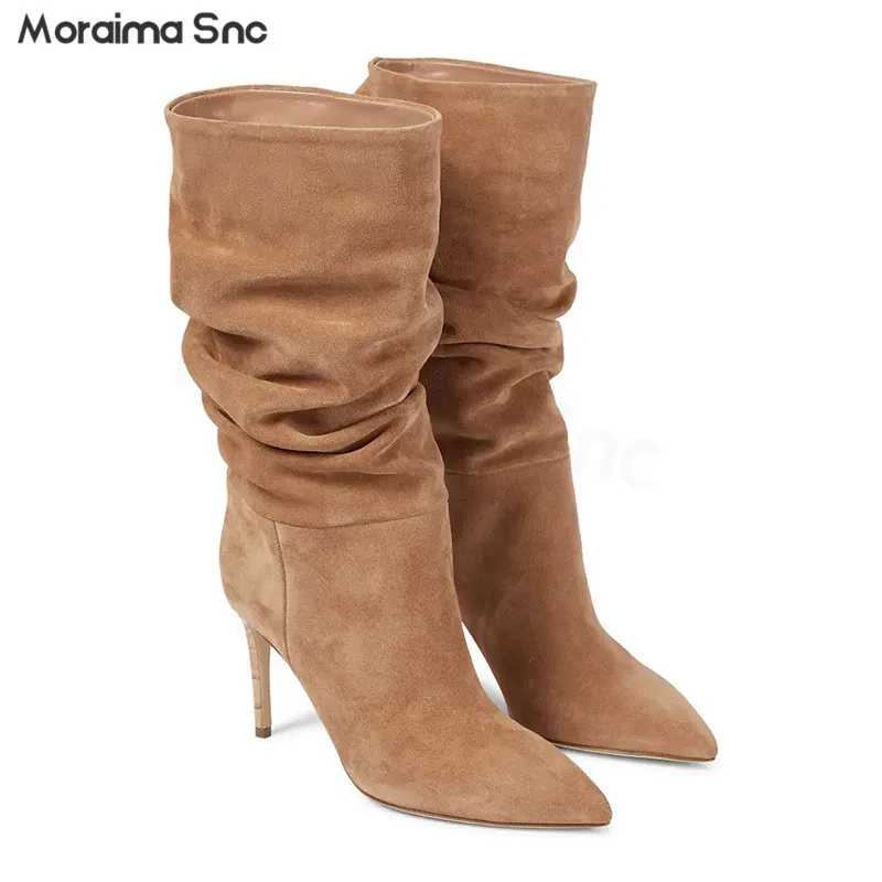 

Winter New Sleeve Fold Mid-Tube Boots Large Size Pointed Stiletto Heels Dazzling Runway Boots Sexy Fashion Women's Boots
