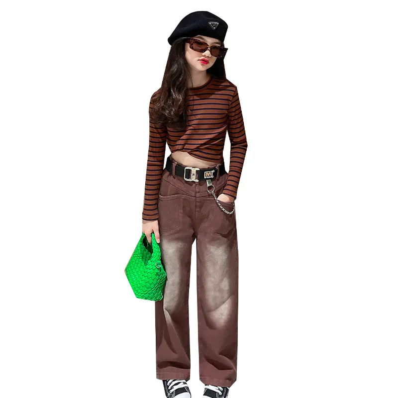 

Girls Clothes Spring Set Fashion Casual Striped Top + Jeans 2 Pcs Tie-dye Straight Pants Children's Clothing for Teenager 4-14 Y